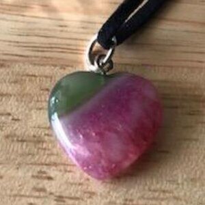 Artisan Heart Pendant Pink and Green Brazilian Crystal Agate Gemstone Necklace